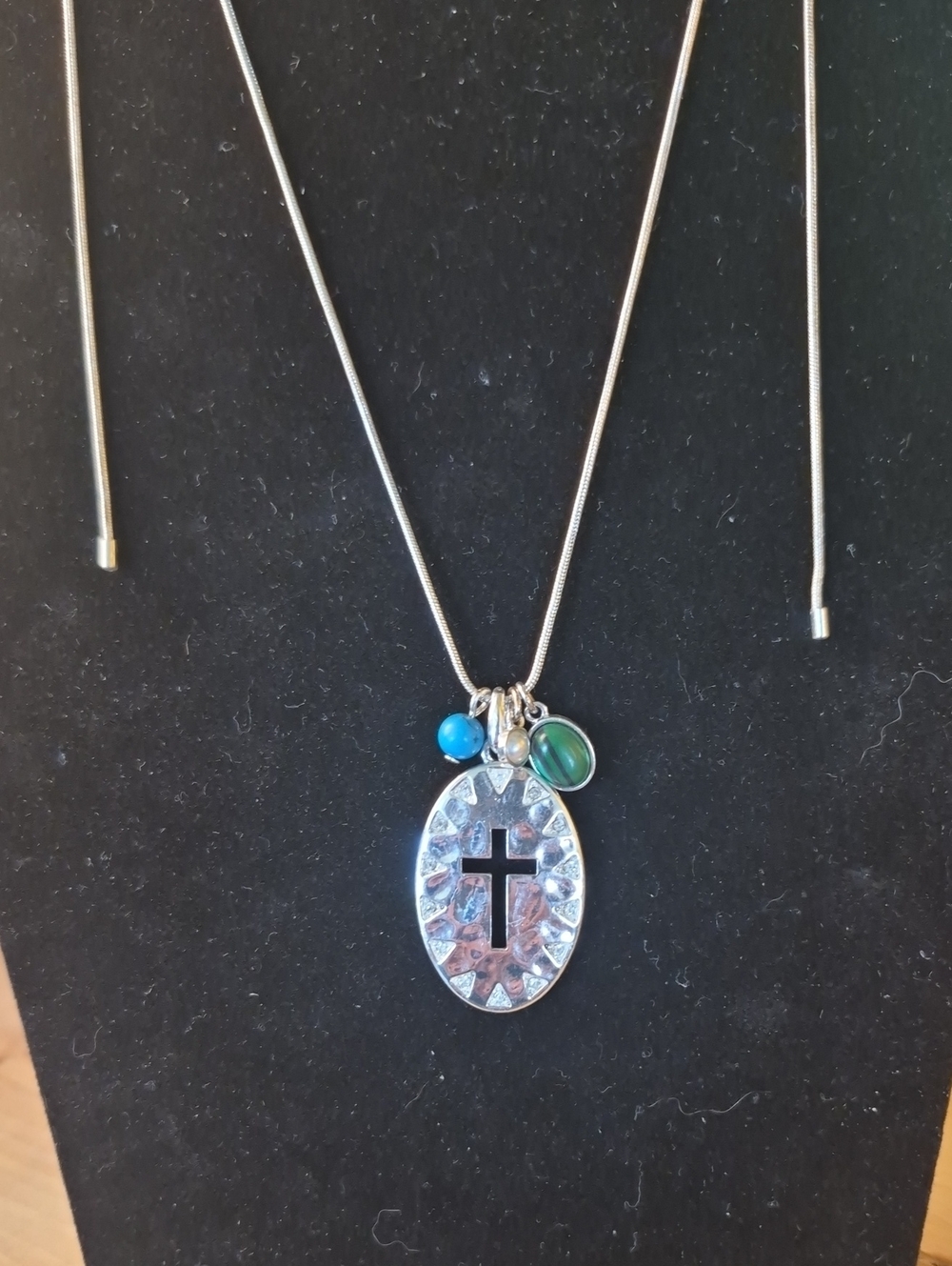 Silver Cross Pendant Necklace with Blue and Green Accent Beads